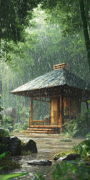 天空下着雨，竹林里，有个小屋，可以喝茶，很舒服惬意，自然风景，很治愈，很有安全感，宫崎骏风