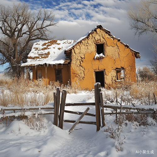 破旧土坯房雪景中的农村老房子与杂草环绕