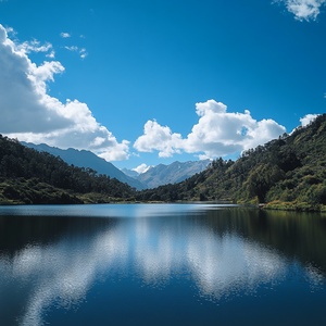 湖光山色与蓝天白云交相辉映