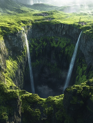 There is a huge crater at the foot of the erupting volcano, the pit is full of green grasslands and waterfalls, there is a café on the edge of the crater, fine detail, realism, master photography, photographer Steve Winter, aperture f2.8, DSLR lens, cinematic lighting effects, masterpieces