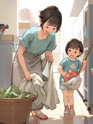 短发小女孩在大厅打扫卫生受到妈妈赞扬