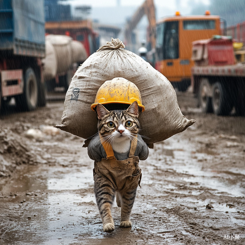 努力打工的猫咪在雨中艰难搬运水泥