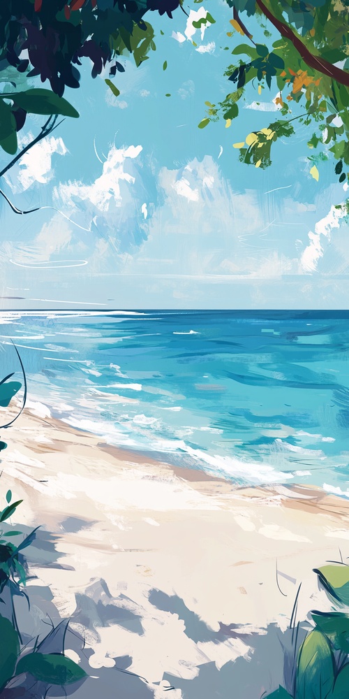 imagine prompt: A simple and elegant illustration of the seaside. With an anime texture. The scene shows the beauty and tranquility of the sea with simple strokes. ar 16:9 s 600 v 5 q 2