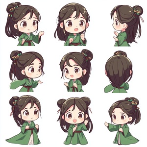 可爱Q版小女孩，绿色汉服，动画角色设计，全身图，chibi，9种姿势和表情，贴纸艺术，白色背景