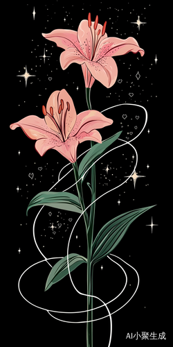 卡通风格3D线条百合花T恤设计配星光与心形图案
