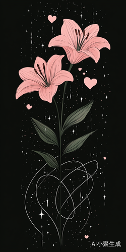 卡通风格3D线条百合花T恤设计配星光与心形图案