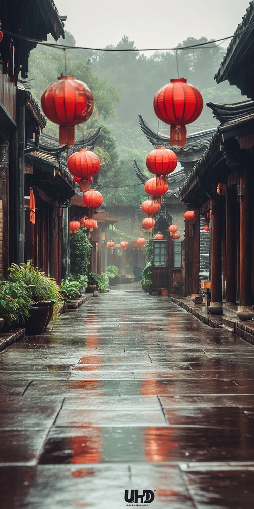 一个中国风格的庭院,道路两旁是石板路和木屋。外面下着大雨,每座房子前面都挂着红灯笼,背景是一片雾气。广角镜头捕捉到了脚下湿润地面的高清晰度细节。照片采用了展现生动细节的摄影风格。明亮的色彩营造出充满生机的氛围。