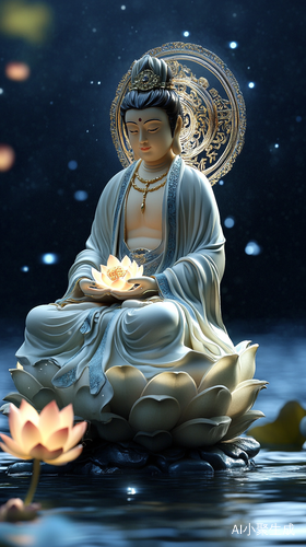 如来佛祖观音春意盎然佛光闪耀的超现实海报