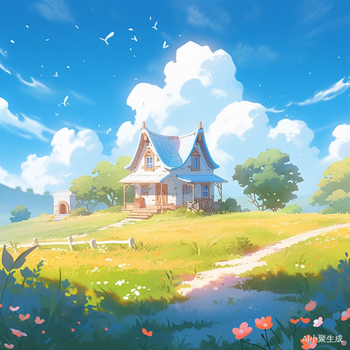 梦幻柔和的天空与鲜花小屋场景