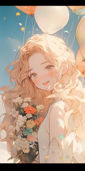 In Gakuen anime style, A girl with long brown curly hair, black eyes, delicate and clear facial features, clean face, luminous skin, white striped dress, starry sky, balloons, flower field, seven-split lens, Morandi color system, soft light