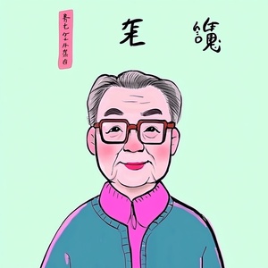 中年叔叔，和蔼可亲，戴眼镜，文质彬彬，倾城之笑，蓝色衣服，浅绿色底色