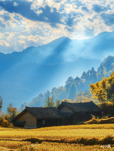 江南农村秋天田野风光与小山土房子