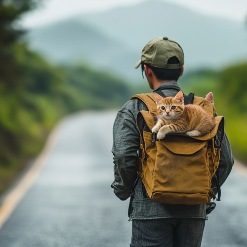 一个小猫躺在一个背包里，它的主人正背着这只小猫在路上行走。