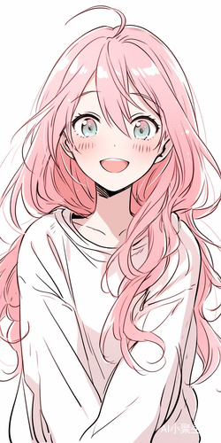 可爱粉色长发动漫女孩幸福微笑的插画展示