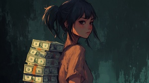 imagine prompt: An illustration of a girl with a hunched back carrying a stack of money. With an anime texture. The girl has a tired yet determined expression. ar 16:9 s 700 v 5 q 2