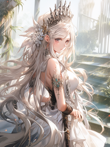 白色长发少女王女在宫殿中的清纯可爱形象
