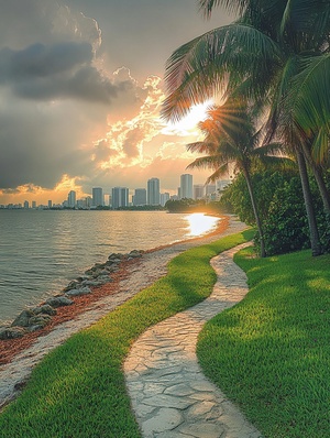 Photo of Miami Beach with gray clouds, the sun is setting and you can see the Miami skyline in the background, a stone path leading to the water, palm trees on the right side, the photo taken from a grassy area near the ocean, in the style of Artist name.