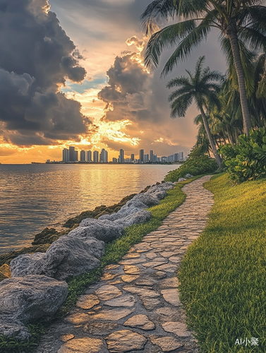 Miami Beach Sunset with Skyline and Palm Trees