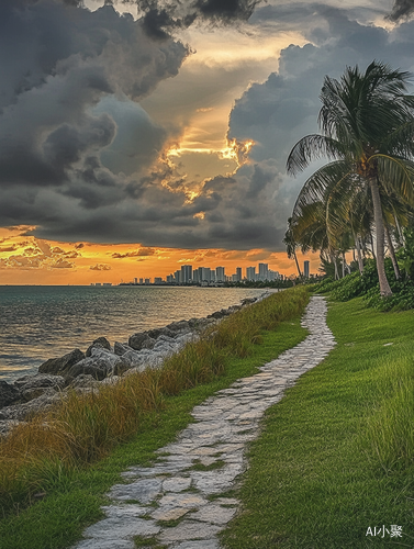 Miami Beach Sunset with Skyline and Palm Trees