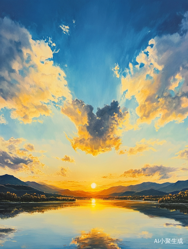 夕阳余晖下的心形云彩与湖面美景