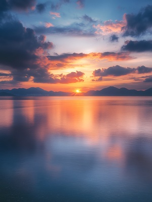 海天一色，天空中有一些云彩和橙色的夕阳，背景是一片广阔的水域，夕阳的余晖洒在水面上非常美丽，宁静的氛围。治愈系风景