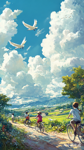 春天田园油菜花田中小孩骑车与飞鸟的诗意画境