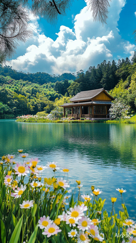 清澈湖面与鲜花草地旁的小房子与绿树丛林