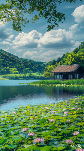 清澈湖面与鲜花草地旁的小房子与绿树丛林