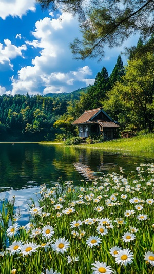 清澈的湖面，湖边有绿色的草地，草地上有各种鲜花，旁边有个小房子，后面有一些绿色的树和丛林，天气蓝天白云，高清画质，写实，摄影图