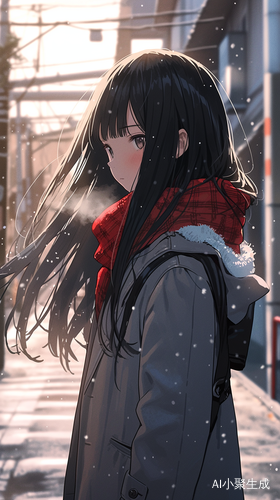 高冷美少女黑色长发面无表情走在上学路上
