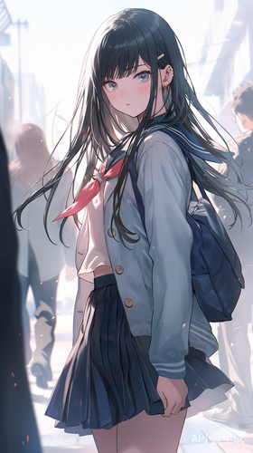 高冷美少女黑色长发校服走在上学路上