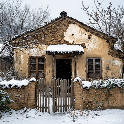 农村破旧老房子与雪景的唯美碰撞