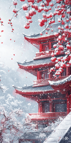 下雪梅花映红衣古代建筑的雪地美景