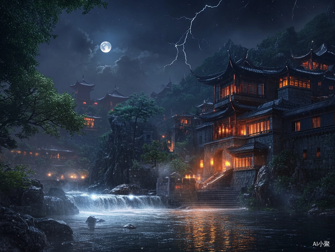 Ancient Chinese Nightscape with Yangtze River Buildings and Lightning