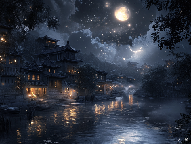 Ancient Chinese Nightscape with Yangtze River Buildings and Lightning