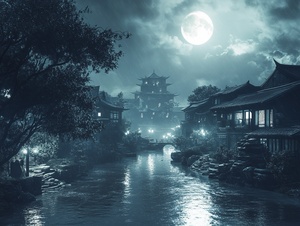 This surreal CG rendering from ancient China shows a stream with ancient buildings in the south of the Yangtze River on a dark night. The stars twinkled in the night sky. The light was dim and weak. There is lightning in the water, a tree is evergreen, a moon, 8K, HD ar 9:16