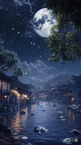 Ancient Chinese Nightscape with Yangtze River Buildings and Lightning