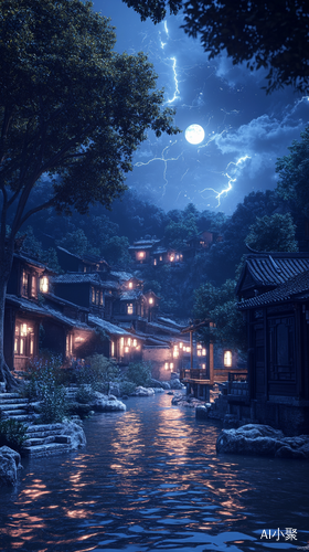 Ancient Chinese Nightscape with Yangtze River Buildings and Lightning