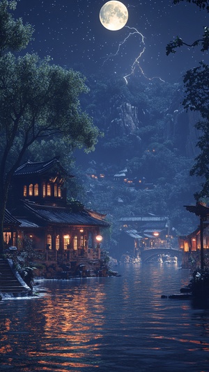 This surreal CG rendering from ancient China shows a stream with ancient buildings in the south of the Yangtze River on a dark night. The stars twinkled in the night sky. The light was dim and weak. There is lightning in the water, a tree is evergreen, a moon, 8K, HD ar 9:16