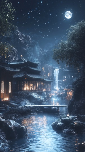 This surreal CG rendering from ancient China shows a stream with ancient buildings in the south of the Yangtze River on a dark night. The stars twinkled in the night sky. The light was dim and weak. There is lightning in the water, a tree is evergreen, a moon, 8K, HD ar 9:16