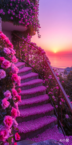 Romantic Sunset Garden with 10000 Luminous Roses on Spiral Stairs