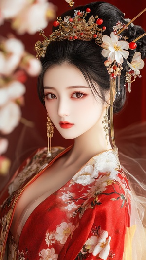 中国古典美女，丰满身材，微笑闭嘴，肤如凝脂，梅花环绕，金色宫殿，红色地毯，盘发精致，鲜艳色彩，清纯美丽，独奏姿态，珠宝点缀，花形发饰，杰作级质量，绝世容颜，色彩缤纷的纱质衣裙，细长眉毛，全身照，丹凤眼，柔和侧光，高光细节，环境光，长焦镜头，自然色彩，静态美，传统服饰，细腻肌肤，优雅姿态，古典美，柔和光线。模型：MJ6.0（真实质感）