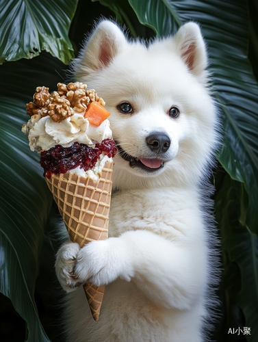 Cute Samoyed Holding Ice Cream Cone Surrounded by Green Leaves