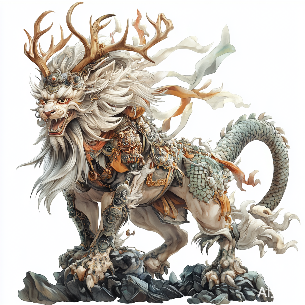 中国神兽麒麟全身细节插画4K超清淡彩