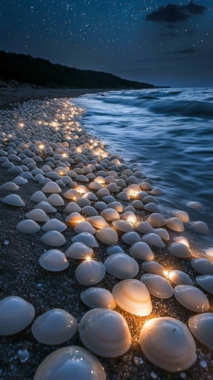 高品质，大师杰作，真实风光摄影，海边，夜晚，月光，许多发出星光的贝壳珍珠，海浪轻轻的拍打着沙滩，长焦镜头，大光圈，大景深，8K高分辨率，纪实风光摄影，低角度拍摄，浪漫氛围，奇幻效果