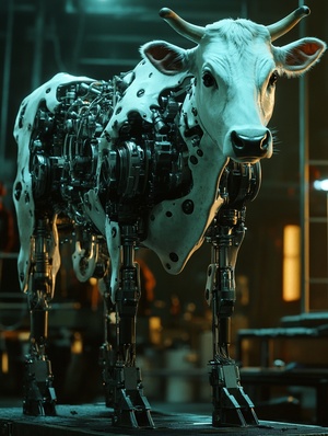 A cow, the part of the corbel has been mechanized, four mechanical legs, the scene is that of a scientific research institution, the cow is being transformed, the details are fine, realistic, cinematographer Nori Inoguchi, ambient lighting, best quality, cinematic lighting effects, masterpiece，ar3∶4