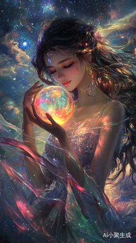 梦幻星空下的华丽美女与神秘水晶球