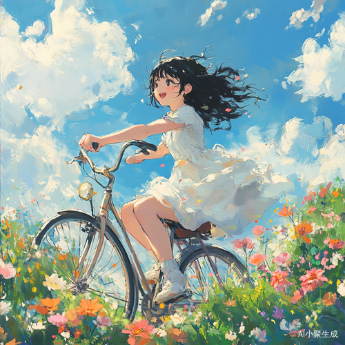 白裙女孩骑复古自行车享受阳光美好时光