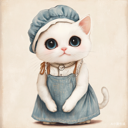 可爱白色猫咪穿围裙和帽子
