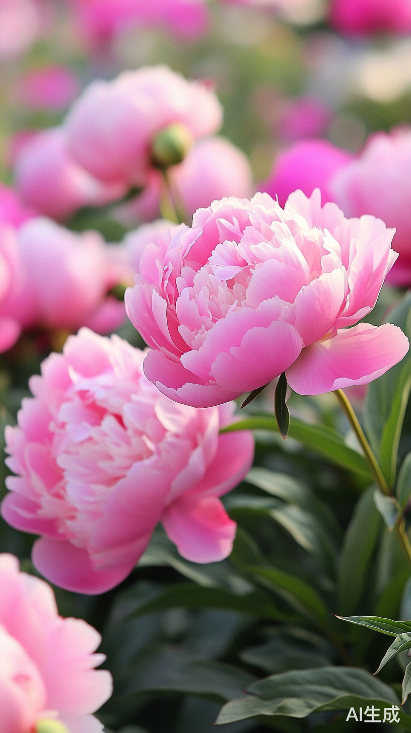 美丽盛开的牡丹花与绸缎山水背景的杰作